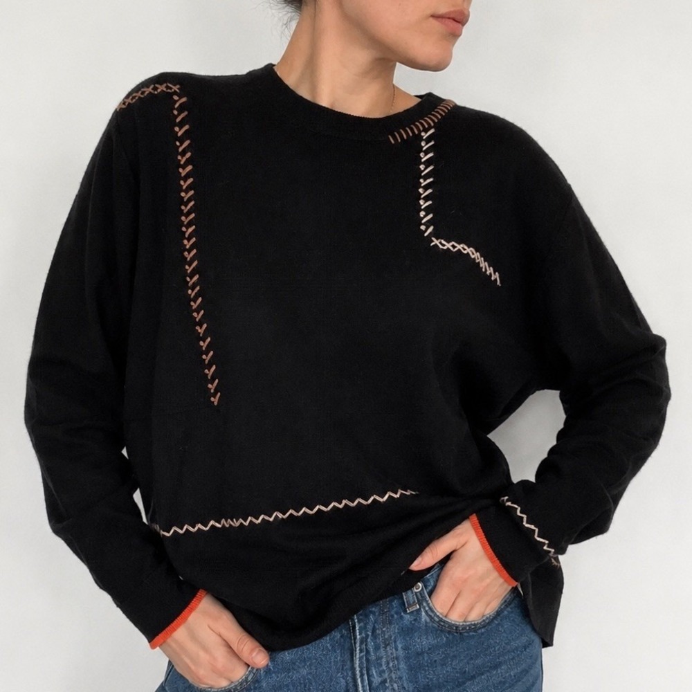 Zaket & Plover Cotton Cashmere Crewneck Sweater M/L Black Abstract Wearable Art